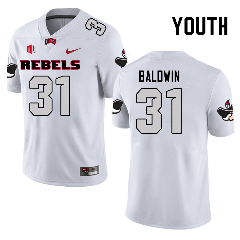 Youth #31 Jalen Baldwin UNLV Rebels College Football Jerseys Stitched Sale-White - Click Image to Close